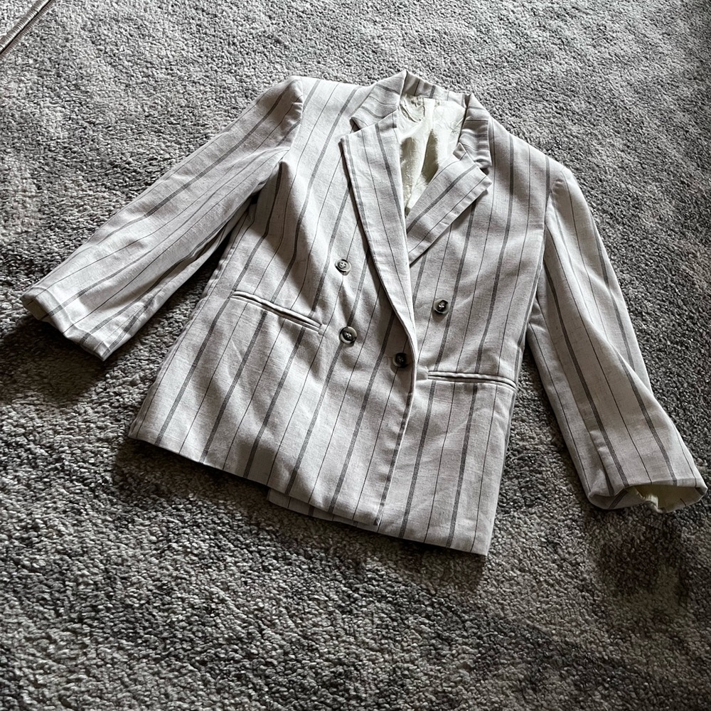 vintage LAUREN Ralph Lauren White Gray Pinstripe blazer Jacket Small S Work.